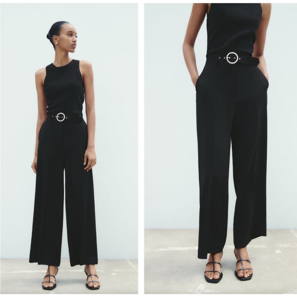 New ZARA Black Belted Wide Leg Drapey Trouser Pants
